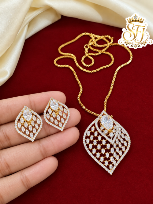 Gold Covering Leaf Design AD Stone Pendant Necklace with Earrings 1