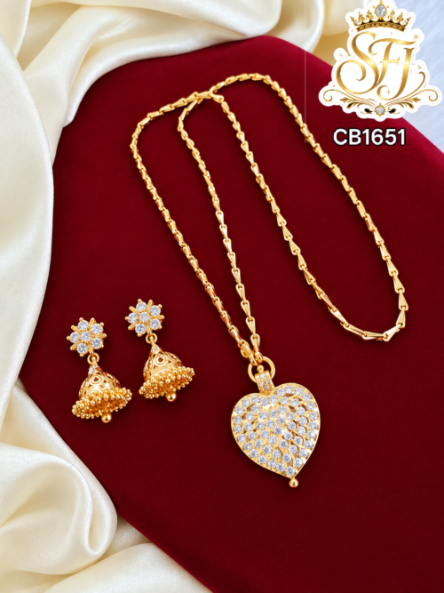 Premium White Stone Heart Pendant Chain with Jhumka Earrings 1