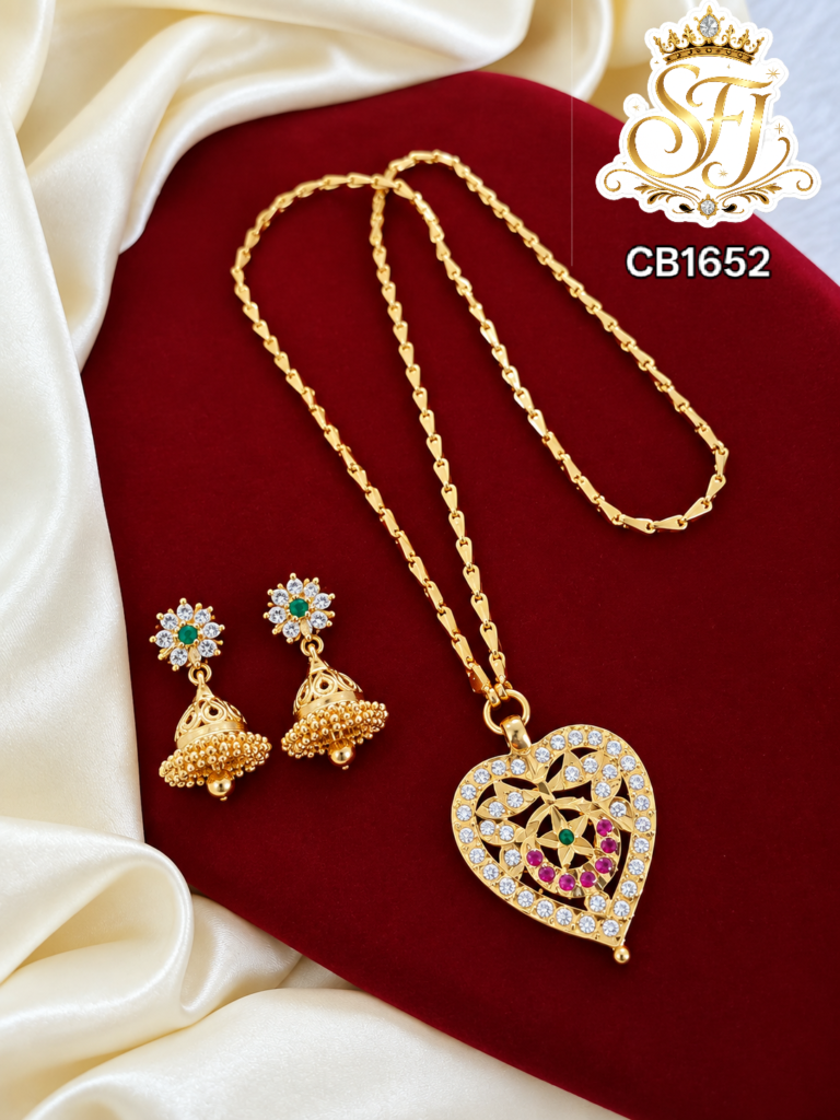 Multicolor Stone Heart Pendant Chain with Jhumka Earrings – CB1652