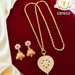 Ruby White Stone Heart Pendant Chain with Jhumka Earrings – CB1653