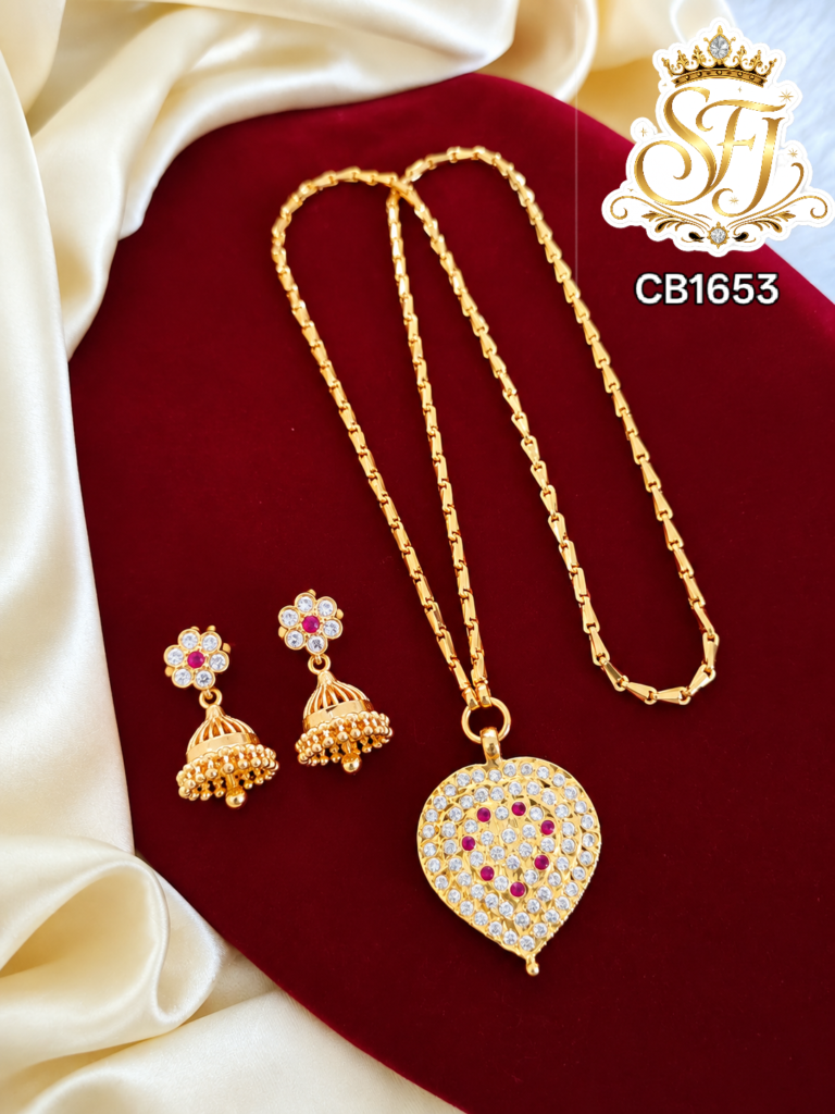 Ruby White Stone Heart Pendant Chain with Jhumka Earrings – CB1653