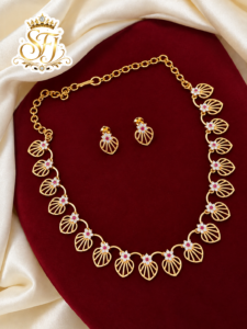 Elegant Leaf Design Gold Covering Necklace Set with White & Ruby Stones