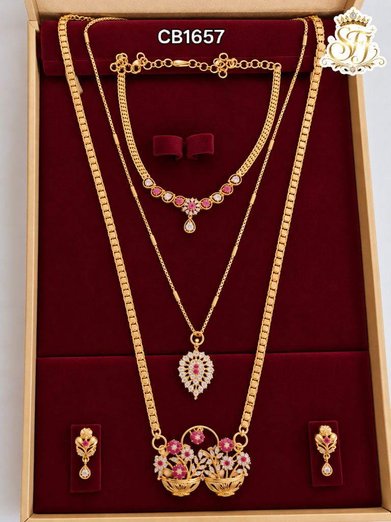 Traditional Gold Covering Combo Set with Ruby & White Stones