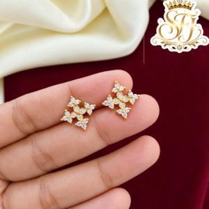 Designer Four Petal White Stone Gold Covering Floral Stud Earrings