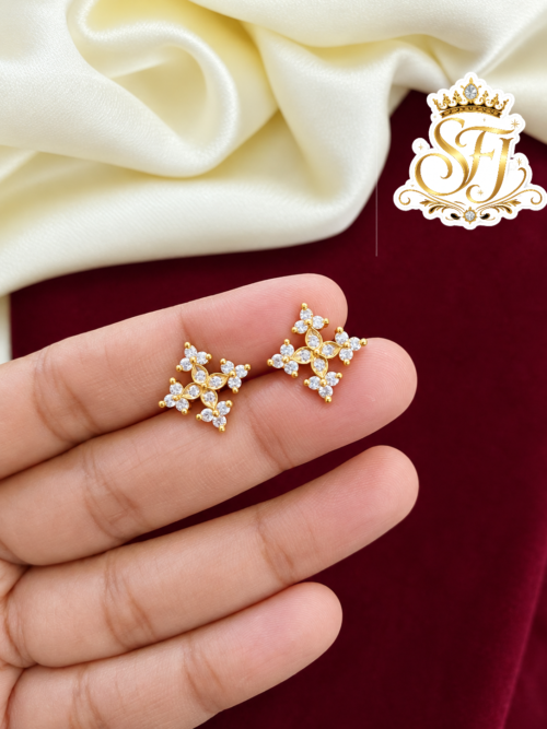Designer Four Petal White Stone Gold Covering Floral Stud Earrings 1
