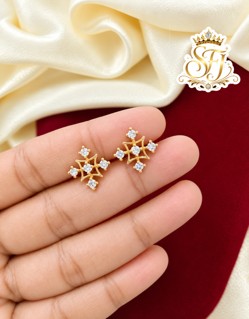 Beautiful Eight Petal Starburst White Stone Gold Covering Stud Earrings