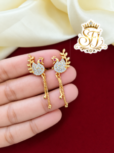 Traditional Peacock Design Gold Covering Earrings with Ruby & White Stones