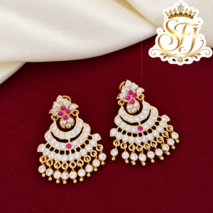 Traditional Chandbali Gold Covering Earrings with Ruby & White Stones | Floral Design Hanging Earrings