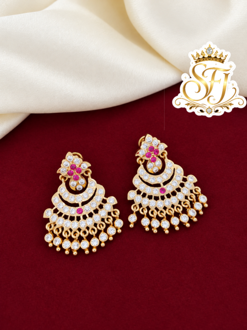 Traditional Chandbali Gold Covering Earrings with Ruby & White Stones | Floral Design Hanging Earrings 1