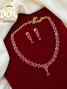 Ruby Pink Stone AD Necklace Set with Matching Earrings