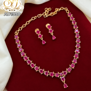 Ruby Pink Stone AD Necklace Set with Matching Earrings