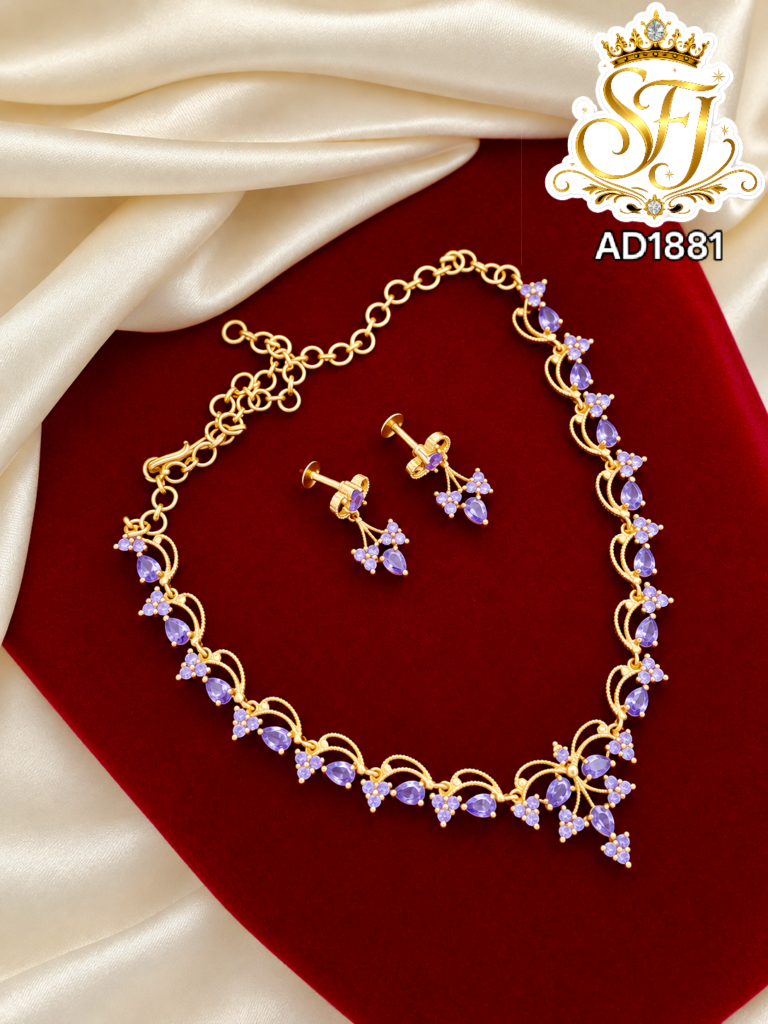 Elegant Purple Stone Floral AD Necklace Set with Matching Earrings – AD1881