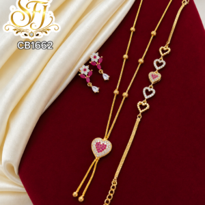 Ruby Heart Design Gold Covering Chain, Bracelet & Earrings Combo Set – CB1662