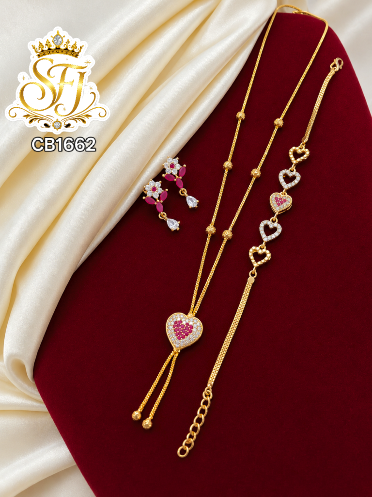 Ruby Heart Design Gold Covering Chain, Bracelet & Earrings Combo Set – CB1662