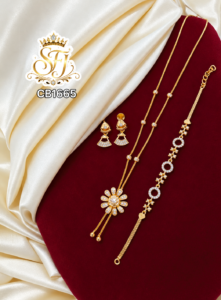 White AD Style Stone Flower Gold Covering Chain Bracelet Earrings Combo – CB1665