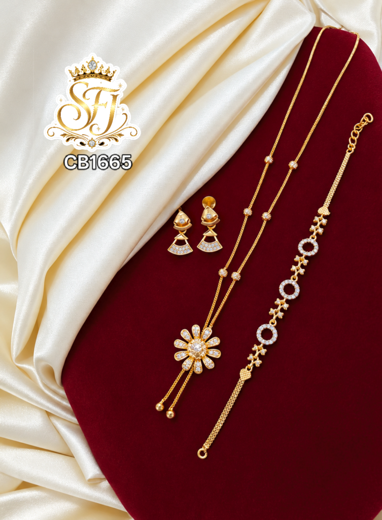 White AD Style Stone Flower Gold Covering Chain Bracelet Earrings Combo – CB1665