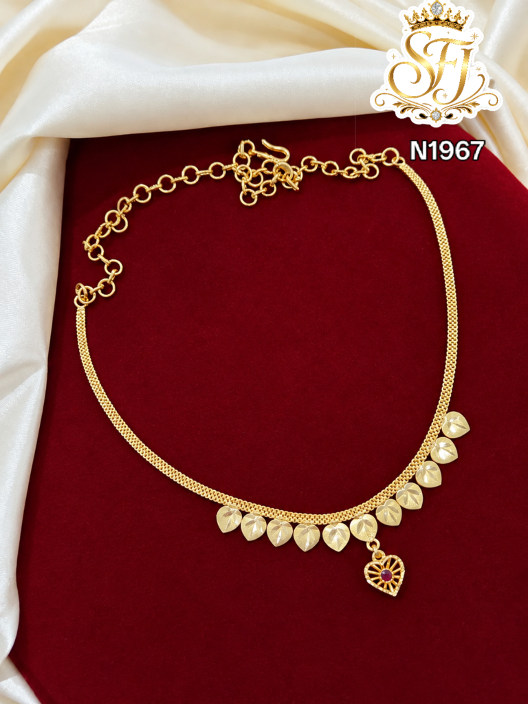 Gold Look Leaf Design Ruby Stone Heart Pendant Necklace – N1967