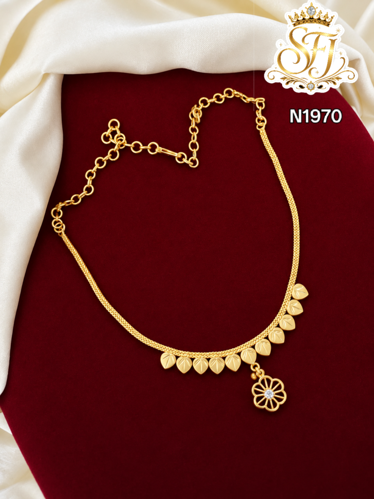 Gold Look Leaf Charm White Stone Flower Pendant Necklace – N1970