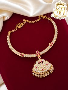 Traditional Ruby & White Stone Peacock Design Gold Covering Necklace