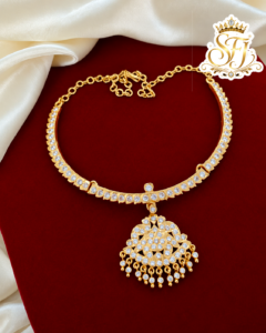 Full White Stone Gold Look Traditional Pendant Necklace