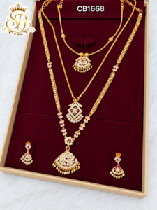 Traditional 3 Layer Ruby White Stone Gold Covering Combo Haram Set with Earrings