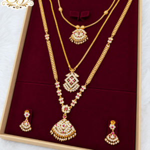 Traditional 3 Layer Ruby White Stone Gold Covering Combo Haram Set with Earrings