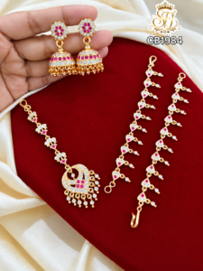 Impone  Ruby & White Stone Jhumka with Ear Chain and Tikka Combo Set – CB1985